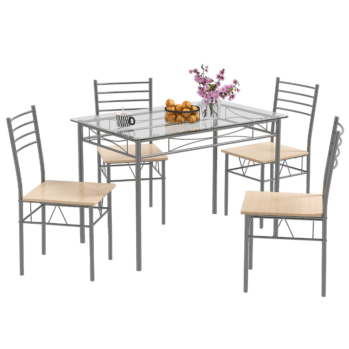 LIVSK 5-delige Glazen Eettafelset - Rechthoekige Tafel met 4 Stoelen - Ruimtebesparend - Ergonomische Rugleuning - Zoals afgebeeld