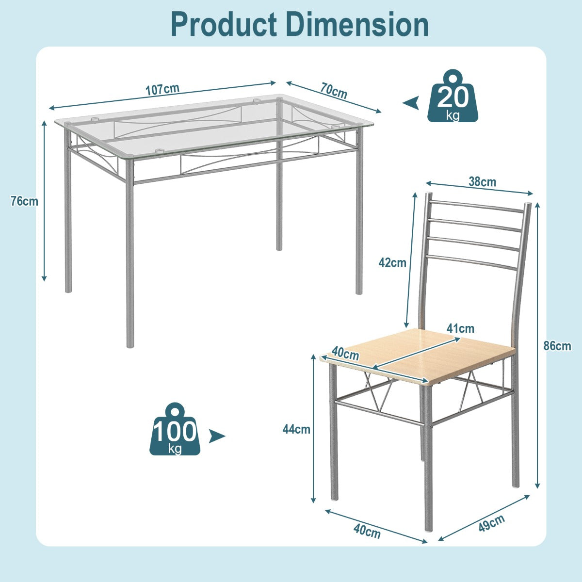 LIVSK 5-delige Glazen Eettafelset - Rechthoekige Tafel met 4 Stoelen - Ruimtebesparend - Ergonomische Rugleuning - Zoals afgebeeld