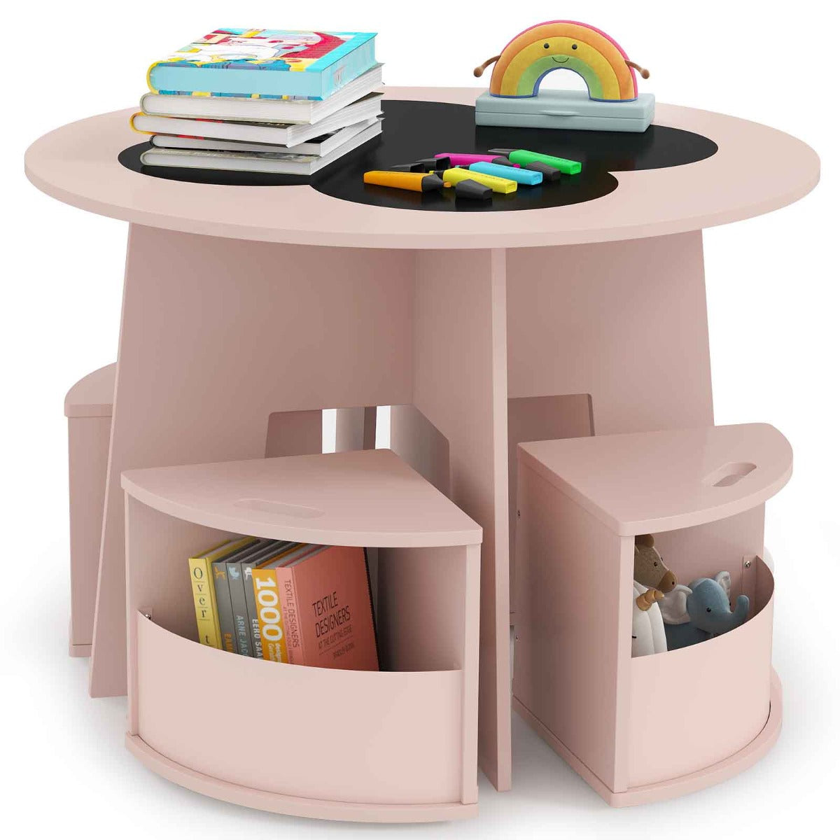LIVSK Kindertafel en Stoelen Set - Ronde Tafel met 4 Stapelbare Krukken - Opbergvakken - Veilig en Waterdicht - Wit / Roze