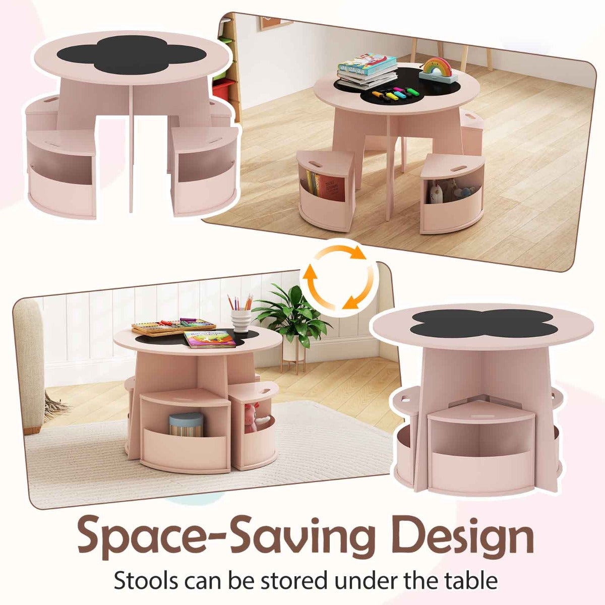 LIVSK Kindertafel en Stoelen Set - Ronde Tafel met 4 Stapelbare Krukken - Opbergvakken - Veilig en Waterdicht - Wit / Roze