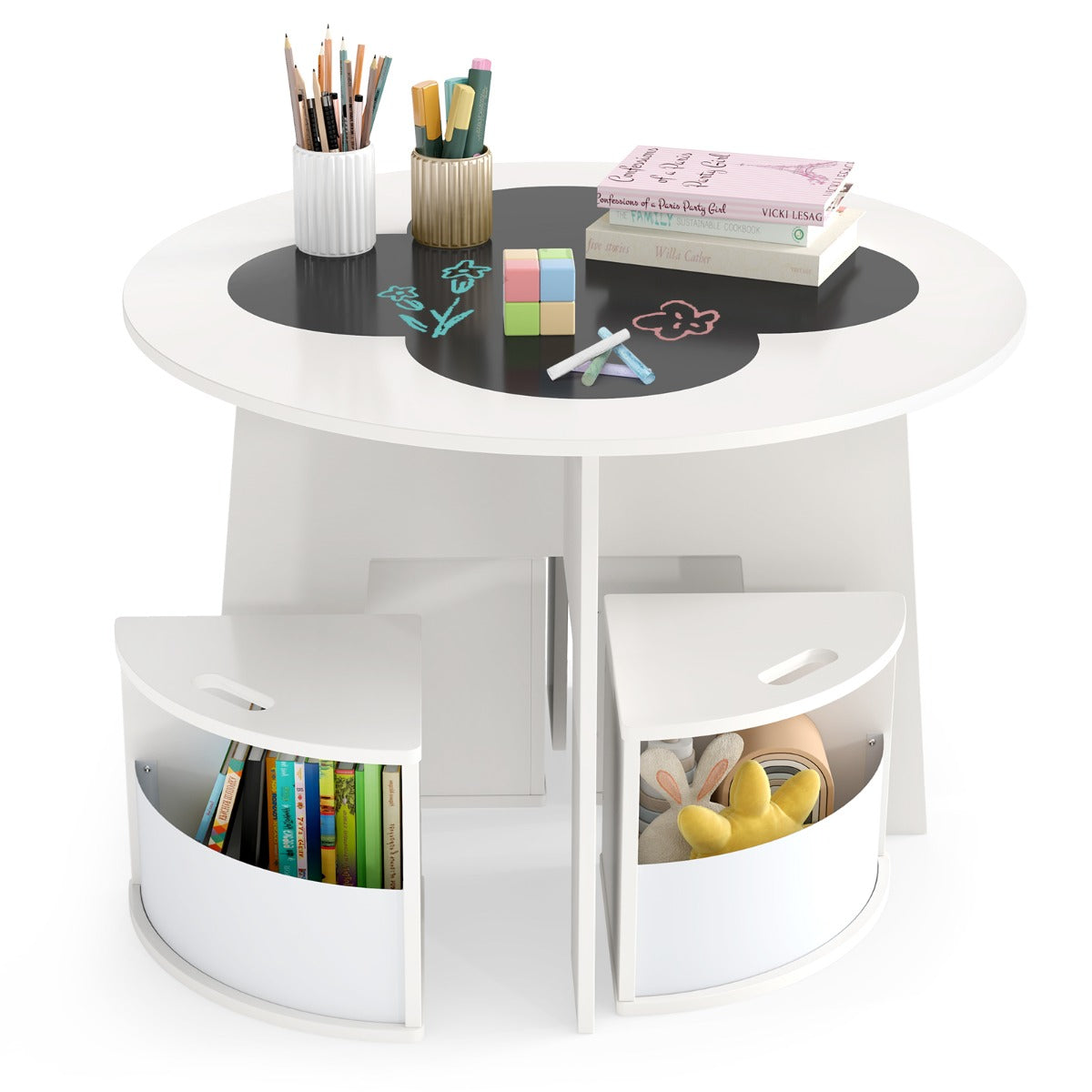 Livsk costway 5 delige kindertafel en stoelset ronde tafel met stapelbare activiteitenkrukken voor spelletjes lezen voor speelkamer wit 1 1