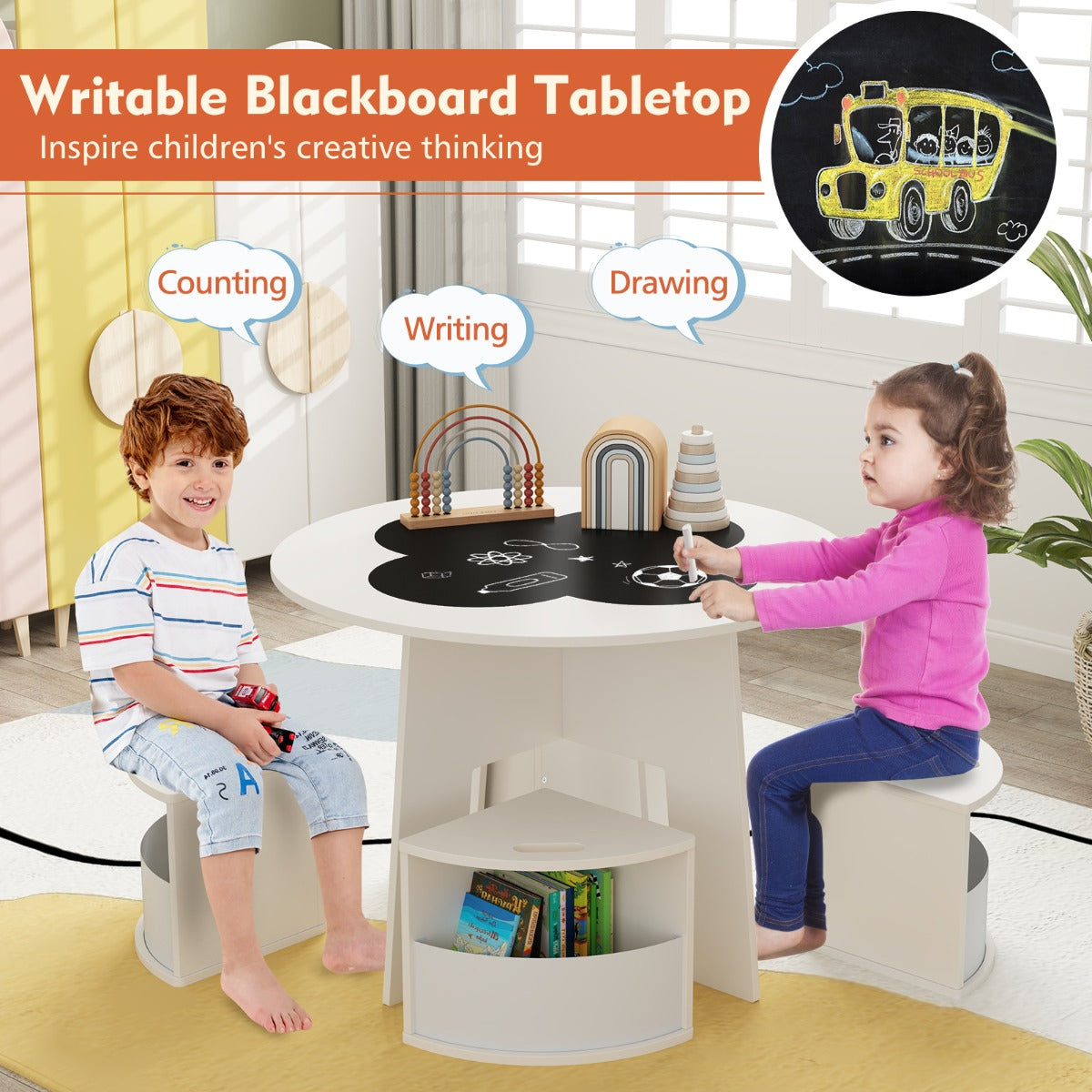 Livsk costway 5 delige kindertafel en stoelset ronde tafel met stapelbare activiteitenkrukken voor spelletjes lezen voor speelkamer wit 3