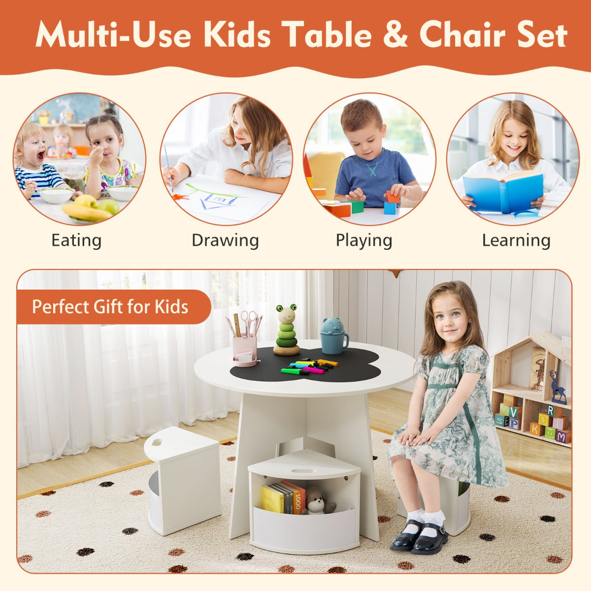 Livsk costway 5 delige kindertafel en stoelset ronde tafel met stapelbare activiteitenkrukken voor spelletjes lezen voor speelkamer wit 6