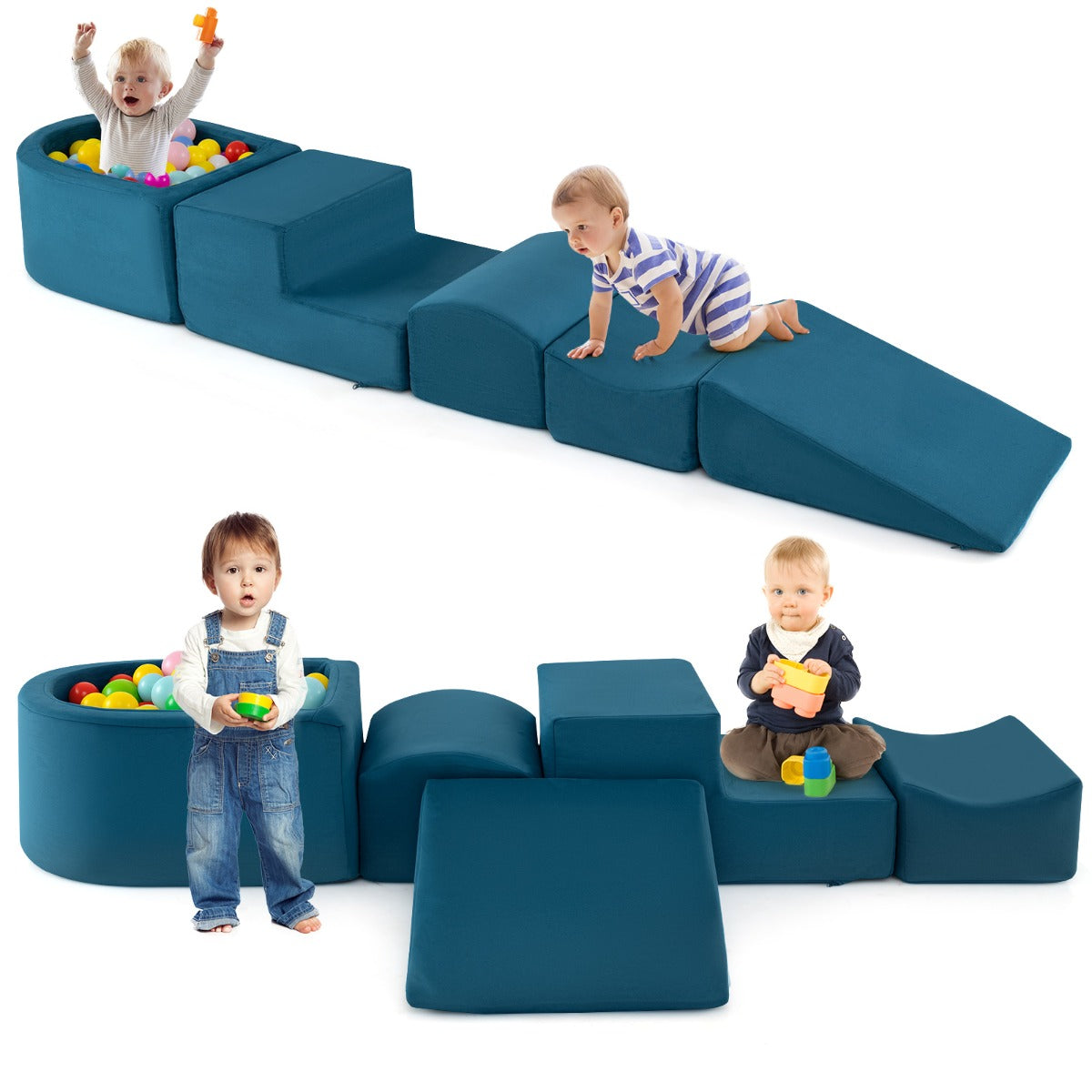 Livsk costway 5 delige klim kruipset zachte speelblokken met ballenbak schuimbouwstenen creatieve bouwstenen voor speelkamer kinderkamer blauw 1 1