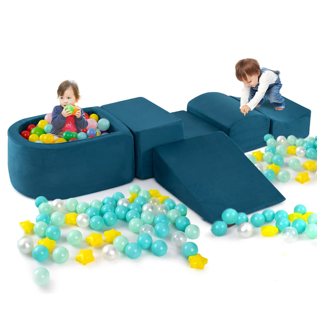 Livsk costway 5 delige klim kruipset zachte speelblokken met ballenbak schuimbouwstenen creatieve bouwstenen voor speelkamer kinderkamer blauw