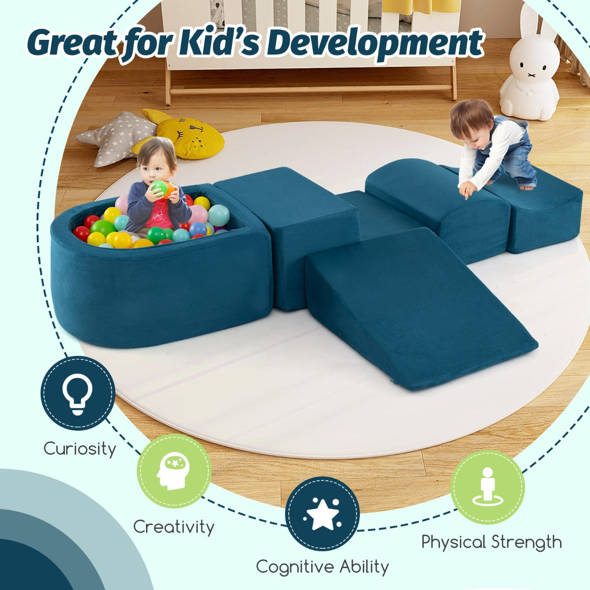 Livsk costway 5 delige klim kruipset zachte speelblokken met ballenbak schuimbouwstenen creatieve bouwstenen voor speelkamer kinderkamer blauw 3