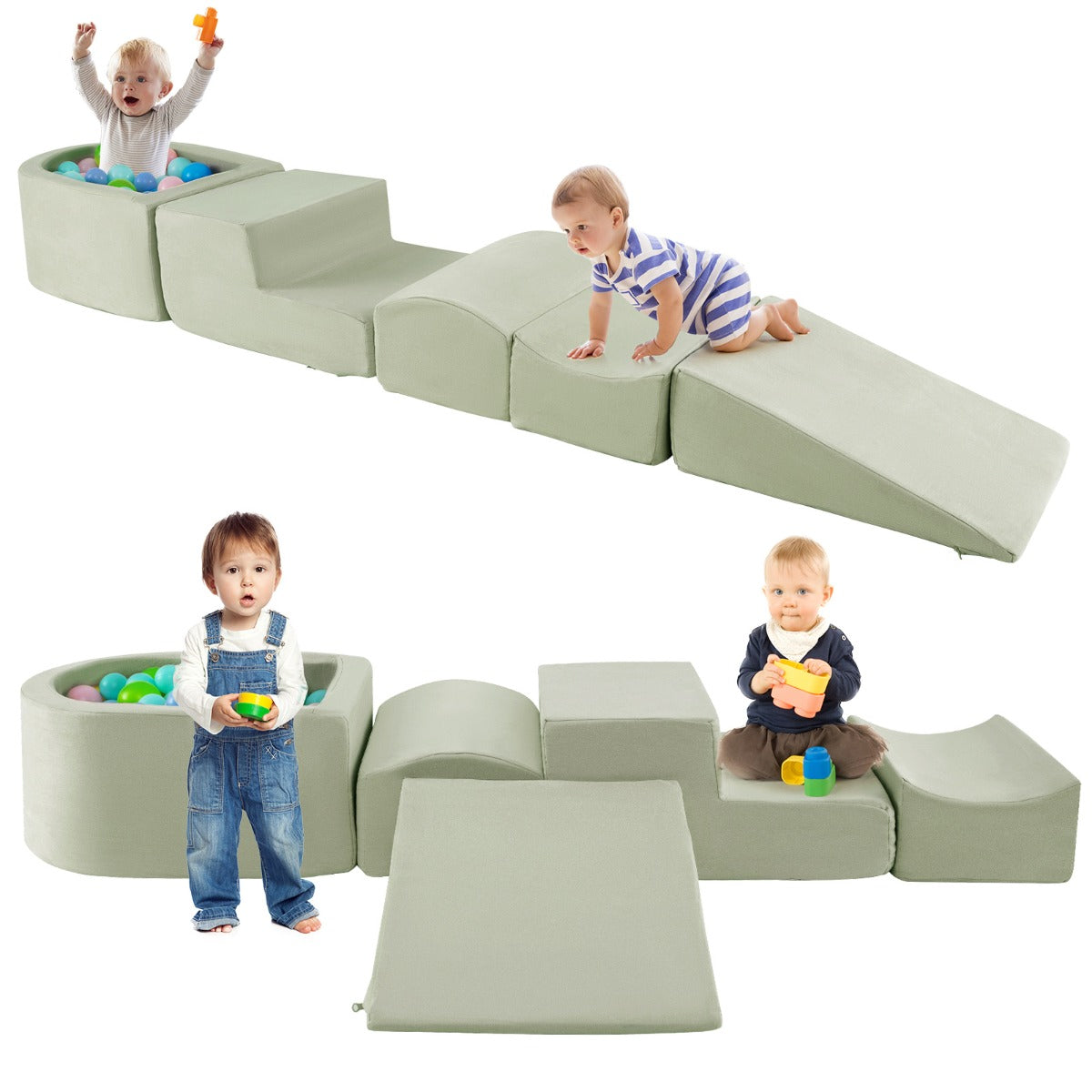 Livsk costway 5 delige klim kruipset zachte speelblokken met ballenbak schuimbouwstenen creatieve bouwstenen voor speelkamer kinderkamer groen 1 1