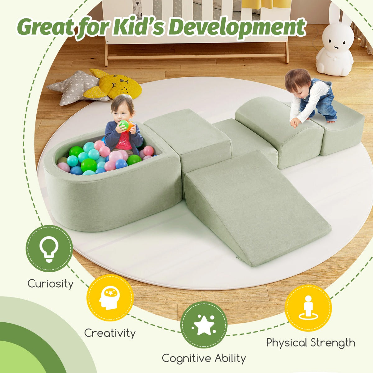 Livsk costway 5 delige klim kruipset zachte speelblokken met ballenbak schuimbouwstenen creatieve bouwstenen voor speelkamer kinderkamer groen 6
