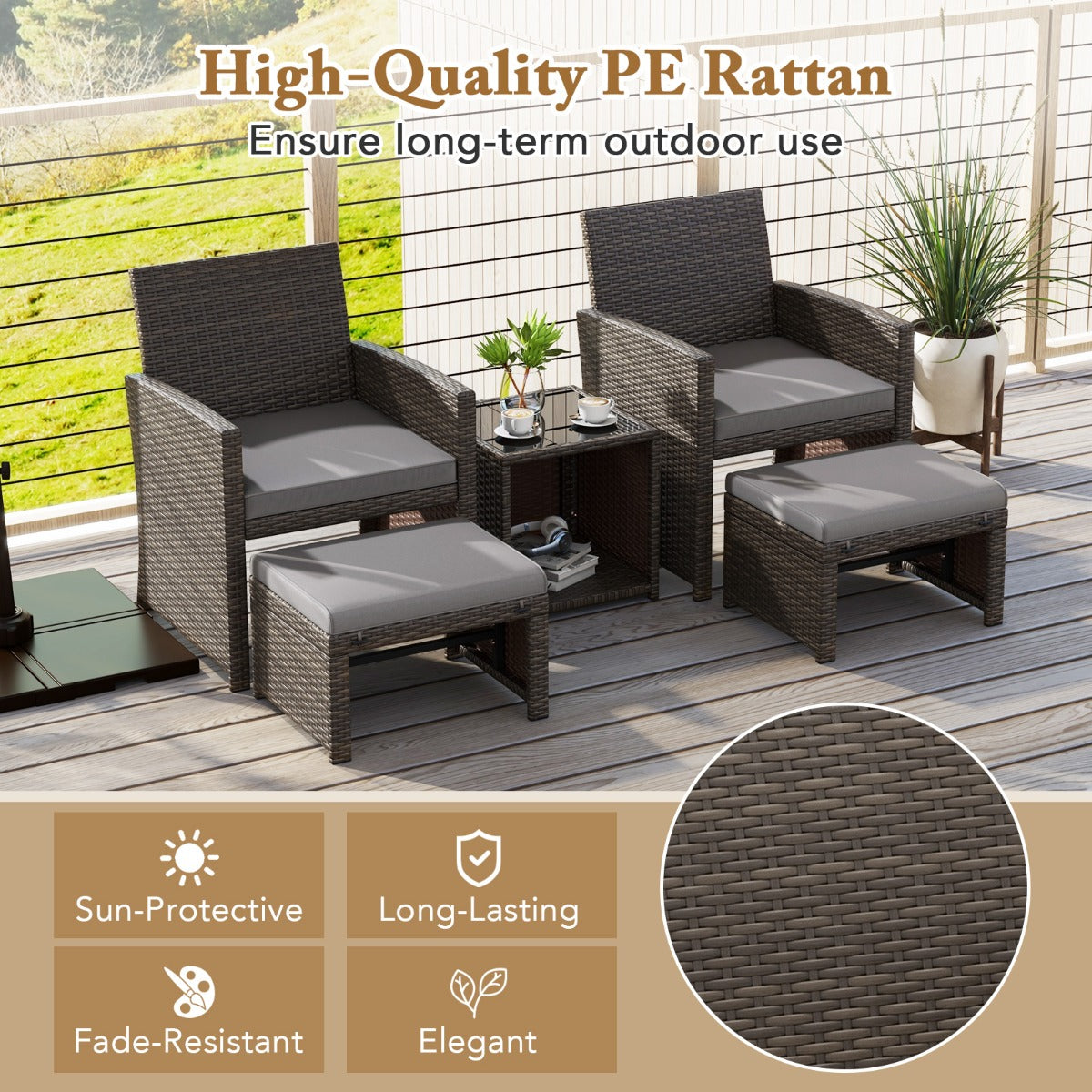 LIVSK 5-Delige PE Rotan Tuinmeubelset - 2 Fauteuils, 2 Voetenbankjes, Salontafel met Glazen Blad - Weerbestendig - Bruin & Grijs