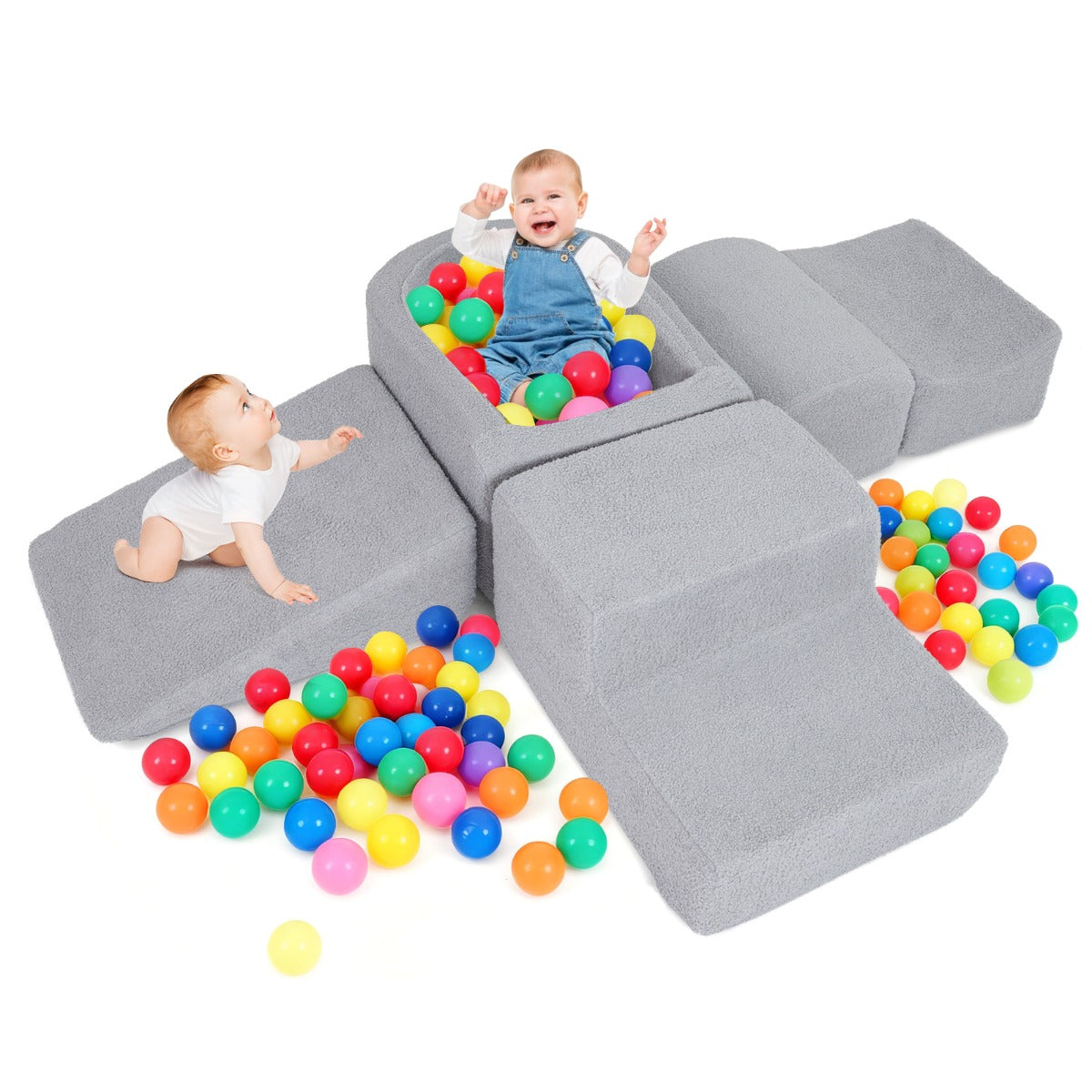 Livsk costway 5 delige motoriekbaan voor kinderen van schuimrubber met ballenbak motoriekmodule voor babys met wasbare sherpa hoes grijs 1 1