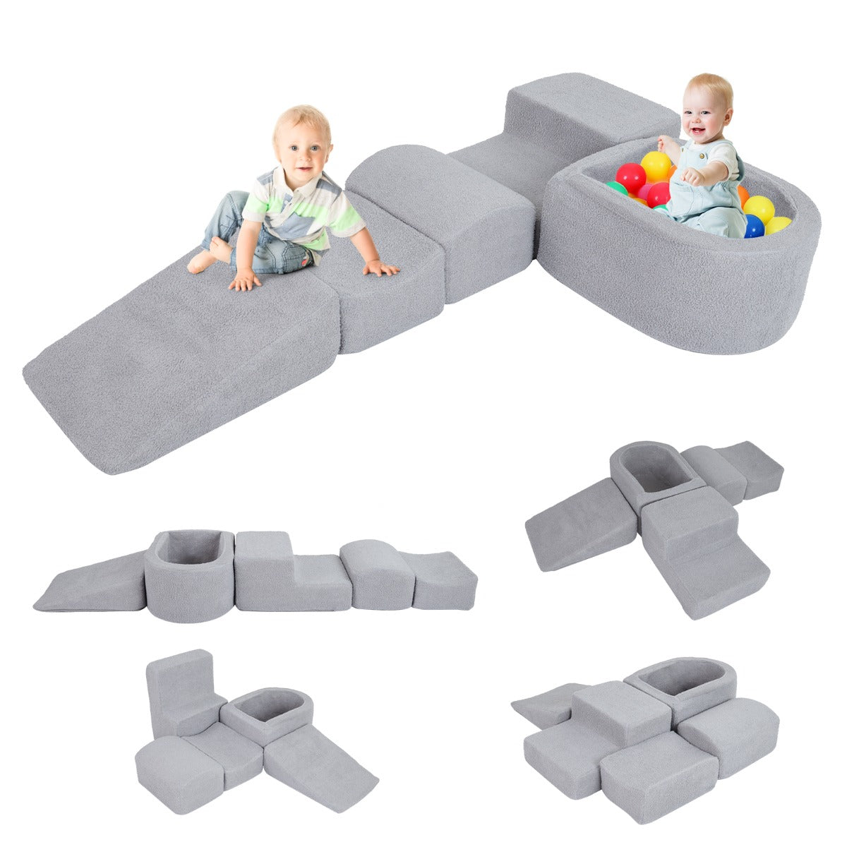 Livsk costway 5 delige motoriekbaan voor kinderen van schuimrubber met ballenbak motoriekmodule voor babys met wasbare sherpa hoes grijs