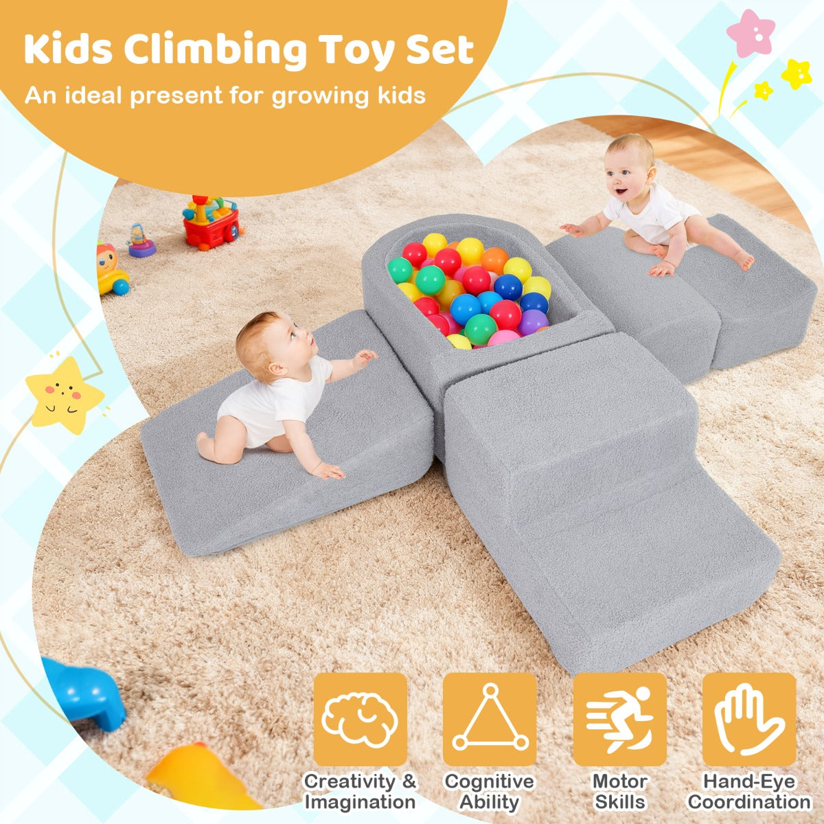 Livsk costway 5 delige motoriekbaan voor kinderen van schuimrubber met ballenbak motoriekmodule voor babys met wasbare sherpa hoes grijs 5