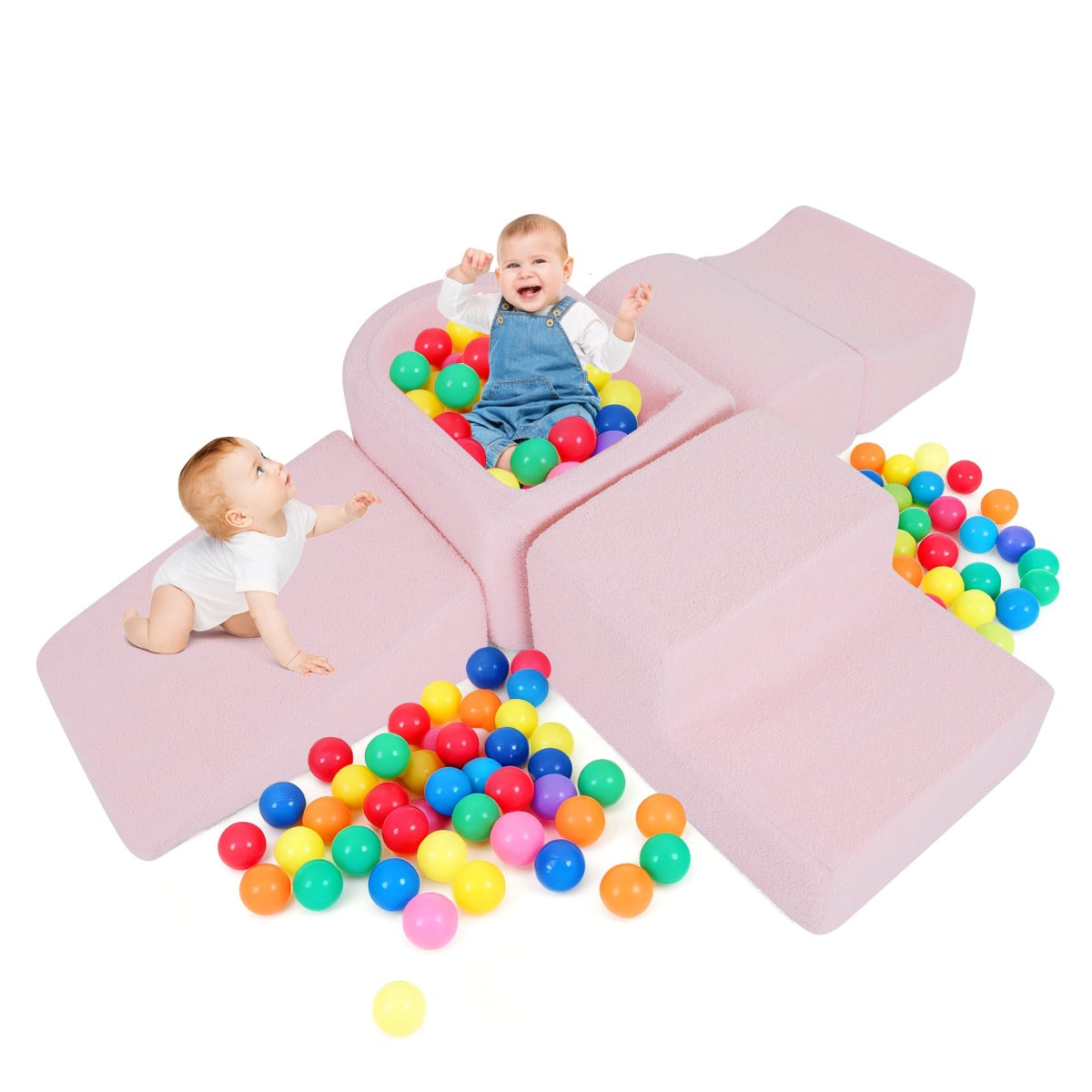 Livsk costway 5 delige motoriekbaan voor kinderen van schuimrubber met ballenbak motoriekmodule voor babys met wasbare sherpa hoes roze 1 1