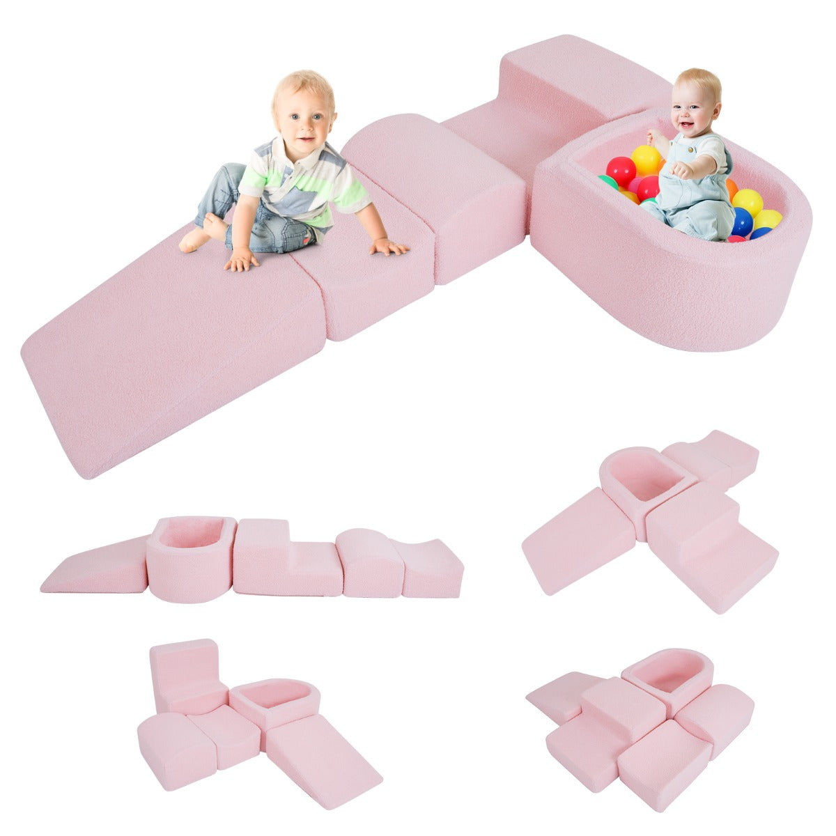 Livsk costway 5 delige motoriekbaan voor kinderen van schuimrubber met ballenbak motoriekmodule voor babys met wasbare sherpa hoes roze