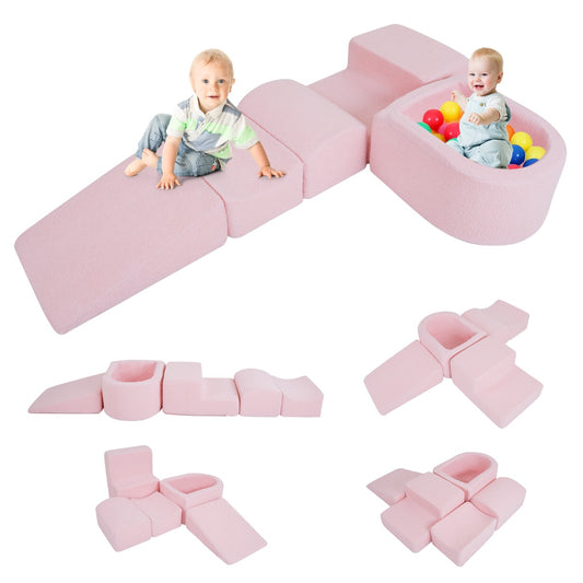 Livsk costway 5 delige motoriekbaan voor kinderen van schuimrubber met ballenbak motoriekmodule voor babys met wasbare sherpa hoes roze