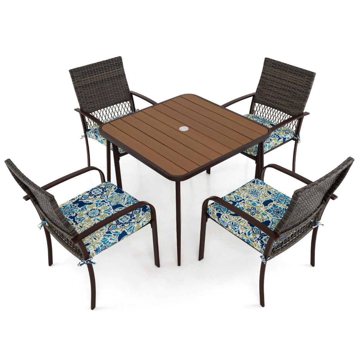 LIVSK 5-delige Tuinmeubelset - 4 Fauteuils met Bloemkussens - Kunststof Houten Tafel met Parasolgat - Comfortabel en Stijlvol -