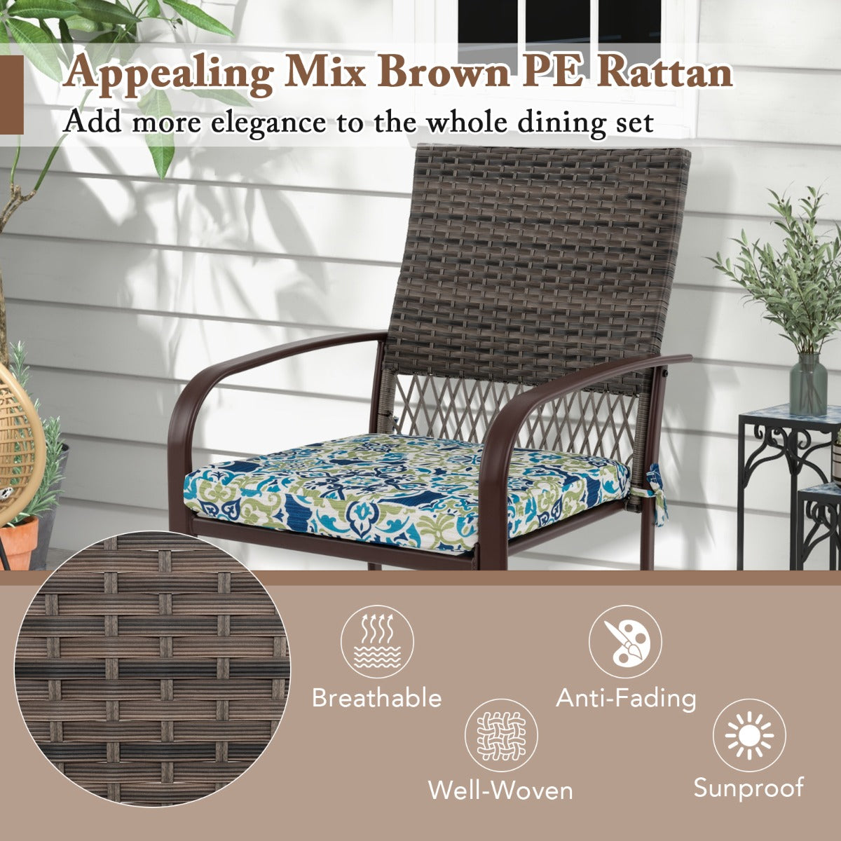 LIVSK 5-delige Tuinmeubelset - 4 Fauteuils met Bloemkussens - Kunststof Houten Tafel met Parasolgat - Comfortabel en Stijlvol -