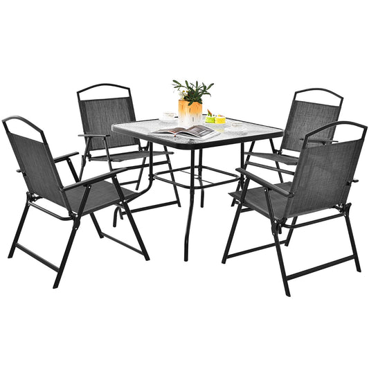 LIVSK 5-delige Inklapbare Terrasmeubelset - Met Tafel en 4 Stoelen - Ademend en Duurzaam - Voor 4 Personen - Grijs + Zwart