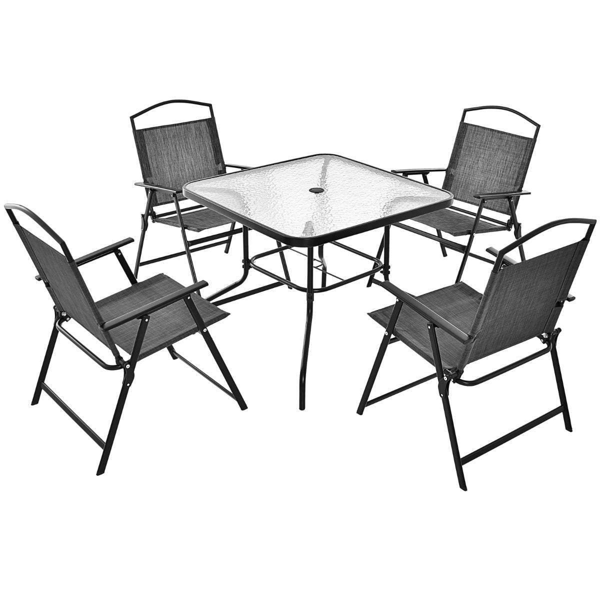 LIVSK 5-delige Inklapbare Terrasmeubelset - Met Tafel en 4 Stoelen - Ademend en Duurzaam - Voor 4 Personen - Grijs + Zwart