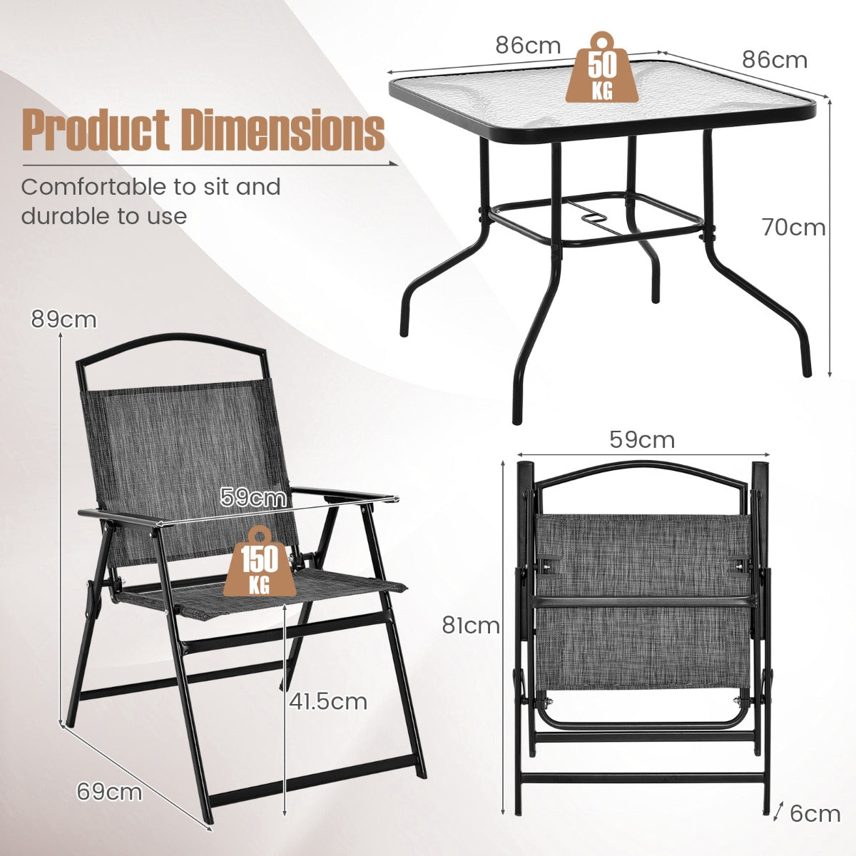 LIVSK 5-delige Inklapbare Terrasmeubelset - Met Tafel en 4 Stoelen - Ademend en Duurzaam - Voor 4 Personen - Grijs + Zwart