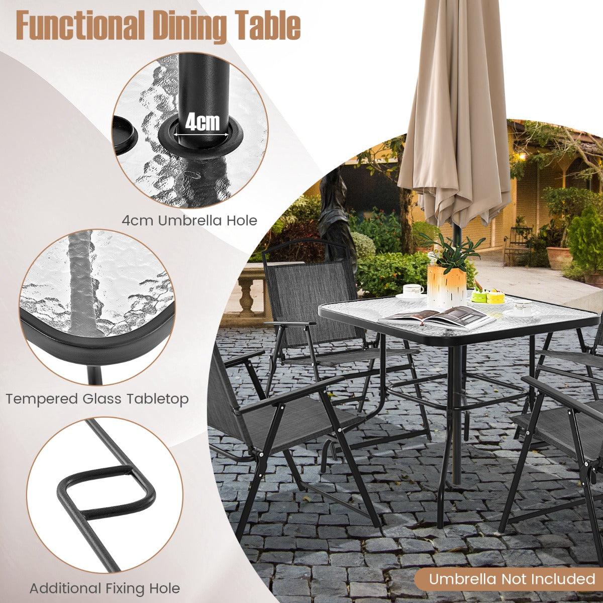 LIVSK 5-delige Inklapbare Terrasmeubelset - Met Tafel en 4 Stoelen - Ademend en Duurzaam - Voor 4 Personen - Grijs + Zwart