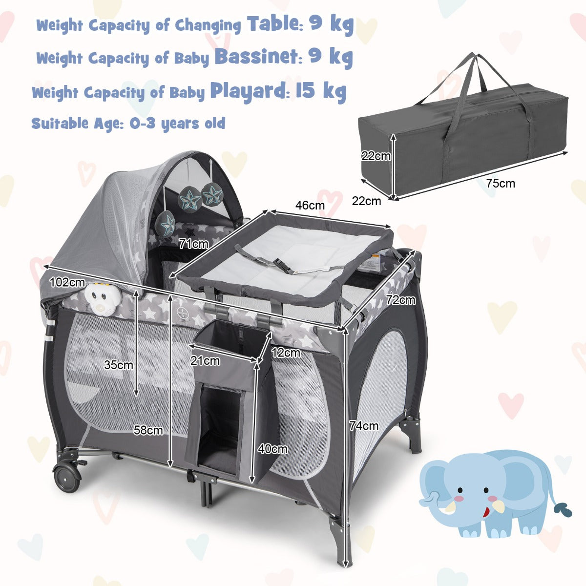 LIVSK 5-in-1 Babybedje met Opbergtas - Reisbed, Wieg, Commode en Box - Inclusief Baldakijn en Muziekdoos - Voor 0-36 maanden -