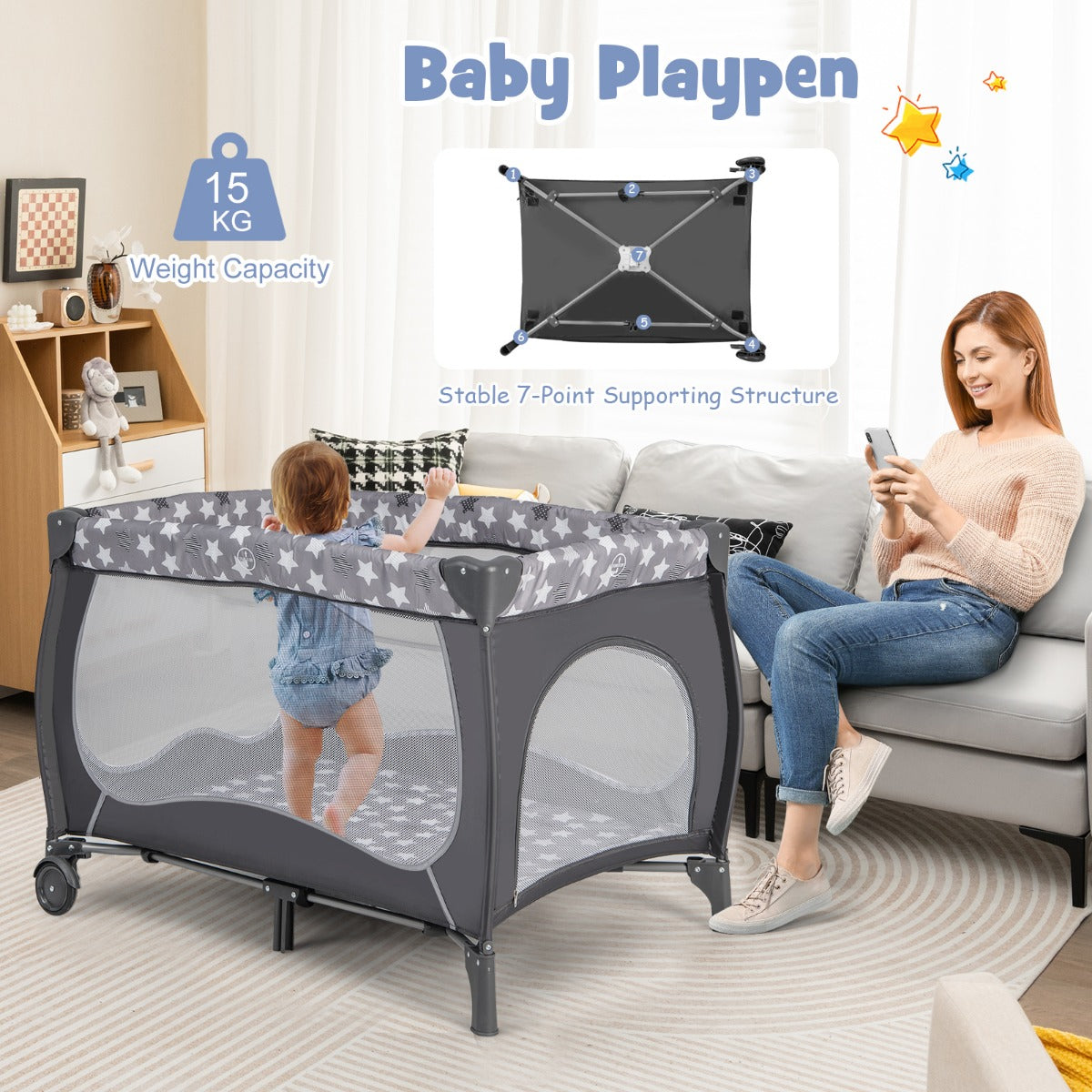 LIVSK 5-in-1 Babybedje met Opbergtas - Reisbed, Wieg, Commode en Box - Inclusief Baldakijn en Muziekdoos - Voor 0-36 maanden -
