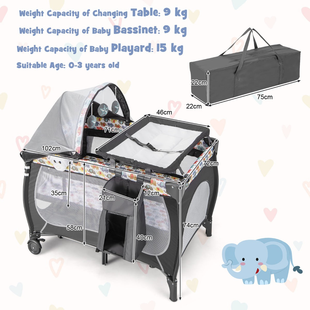 LIVSK 5-in-1 Multifunctioneel Babybedje - Inclusief Luiertafel, Baldakijn en Hangspeelgoed - Draagbaar en Opvouwbaar - Kleurrijk
