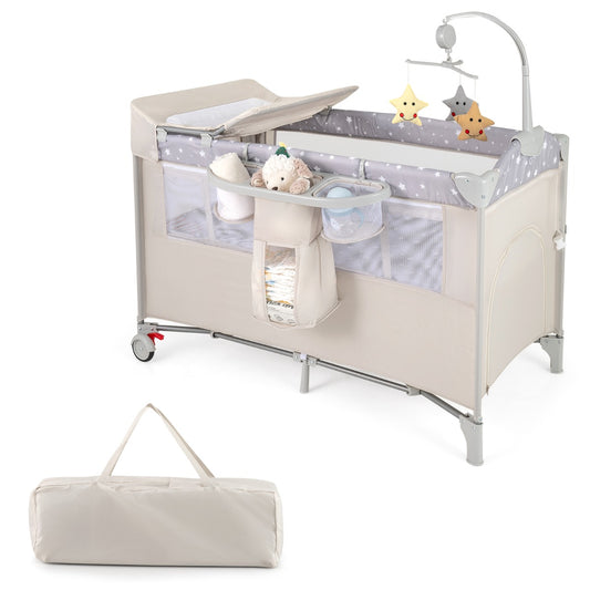 LIVSK 5-in-1 Babycentrum - Co-sleeper met Afneembare Luiertafel - Muziekdoosje - Veiligheidsriemen - Tot 15 kg - Beige