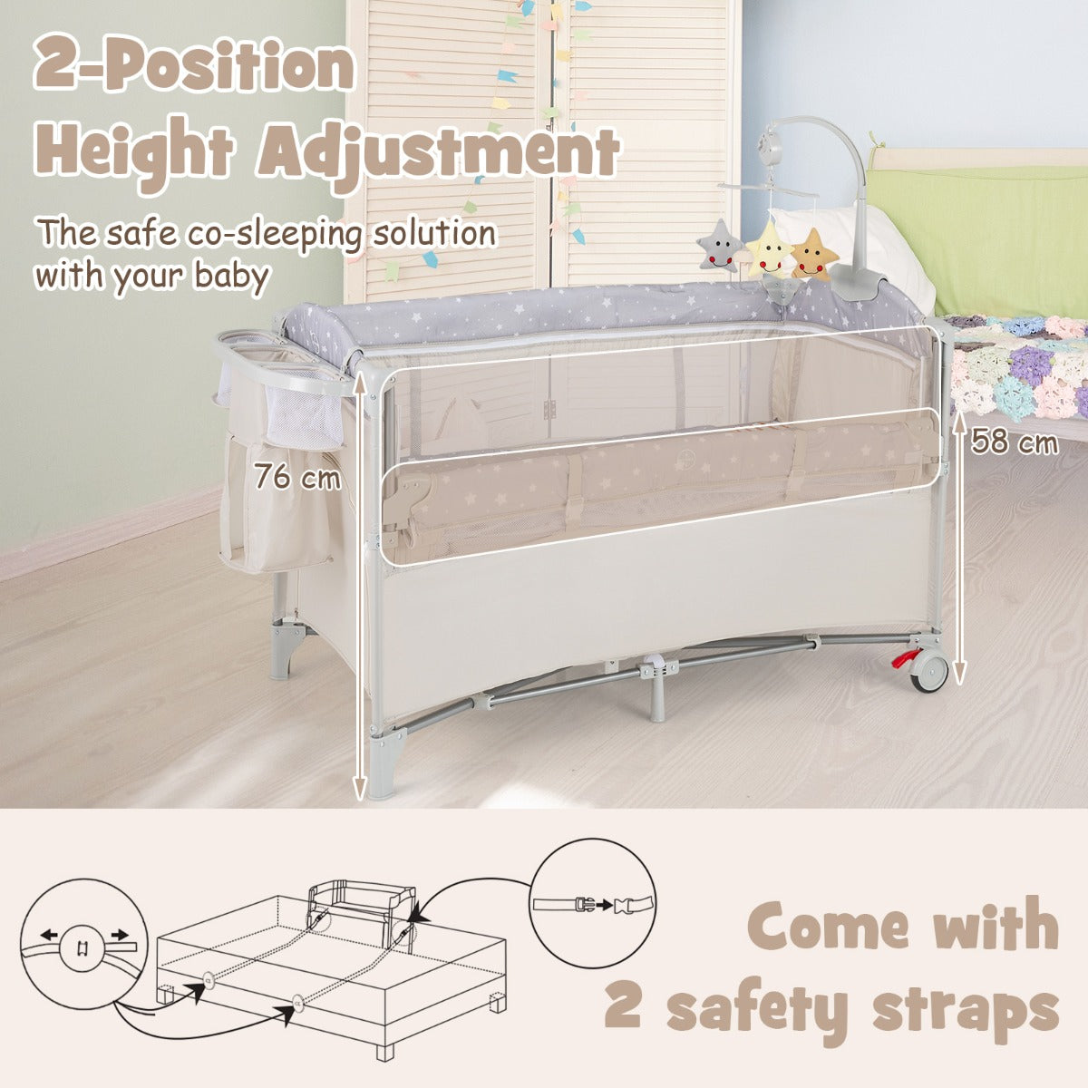 LIVSK 5-in-1 Babycentrum - Co-sleeper met Afneembare Luiertafel - Muziekdoosje - Veiligheidsriemen - Tot 15 kg - Beige