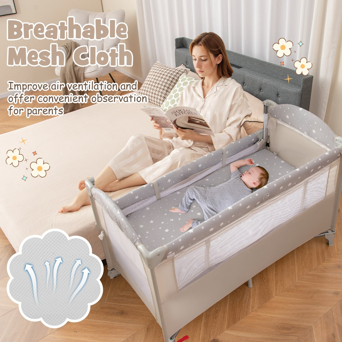 LIVSK 5-in-1 Babycentrum - Co-sleeper met Afneembare Luiertafel - Muziekdoosje - Veiligheidsriemen - Tot 15 kg - Beige