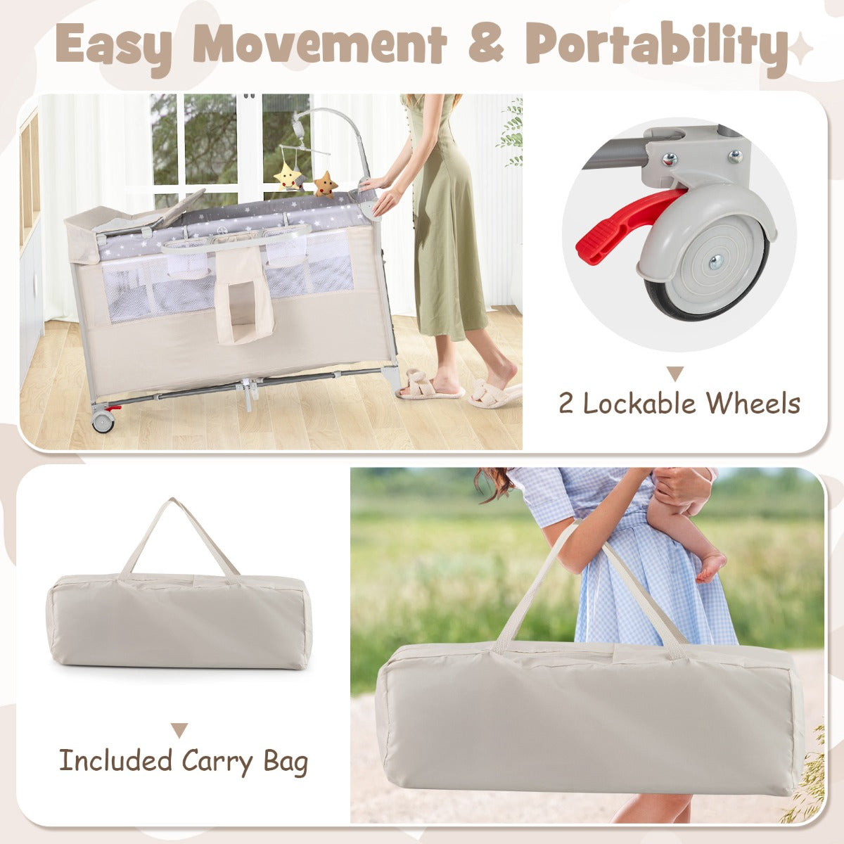 LIVSK 5-in-1 Babycentrum - Co-sleeper met Afneembare Luiertafel - Muziekdoosje - Veiligheidsriemen - Tot 15 kg - Beige