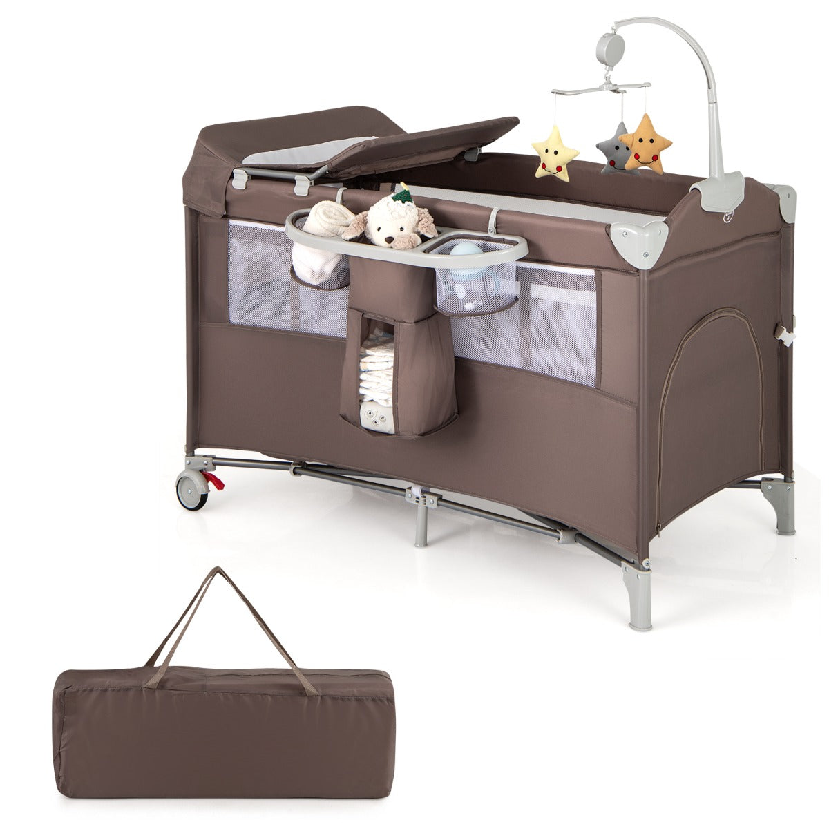 LIVSK 5-in-1 Babykamercentrum - Wieg, Luiertafel, Box, Activiteitencentrum - Veiligheidsriemen - Draagbaar - Bruin