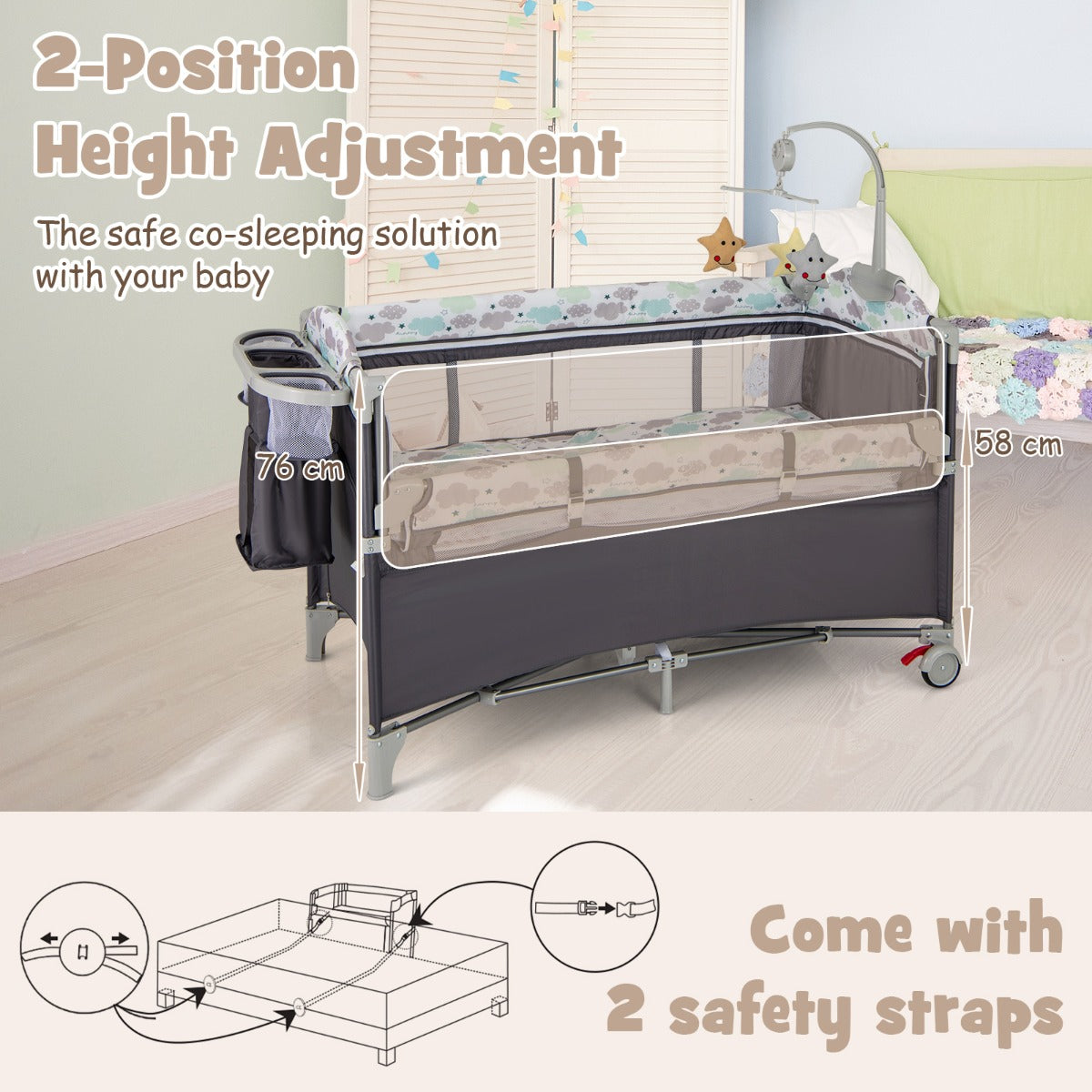 LIVSK 5-in-1 Babycentrum - Wieg, Luiertafel, Box en Activiteitencentrum - Veiligheidsriemen - Draagbaar - 125 x 65 x 76 cm - Grijs