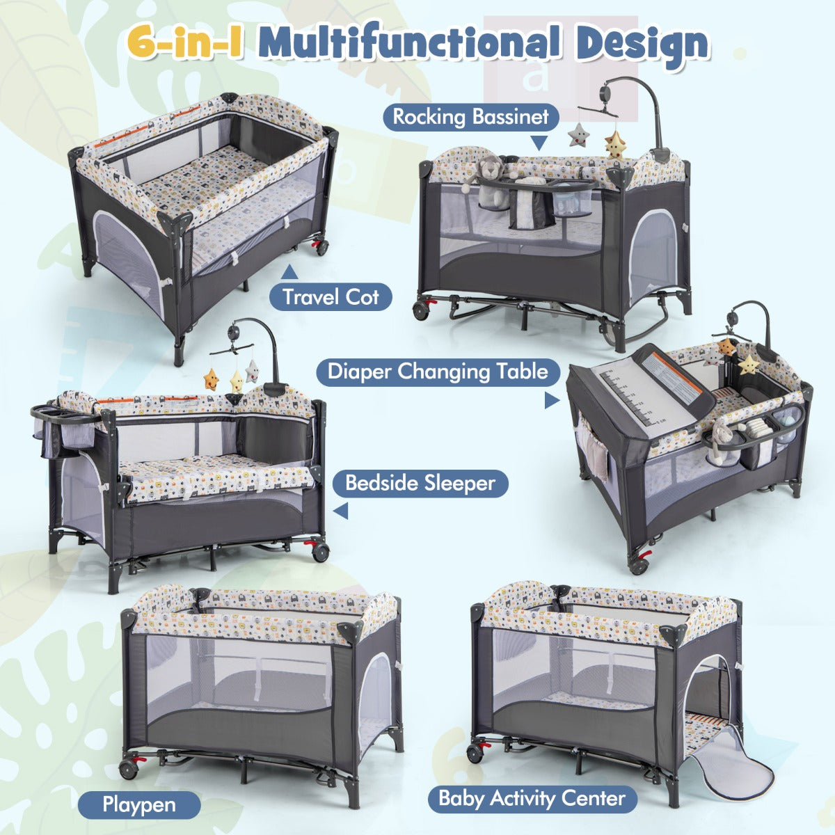 LIVSK 5-in-1 Babywieg - Schommelwieg, Verschoontafel, Vrijstaand Bed, Babyloopstal - Voor Baby's tot 9 maanden - Grijs