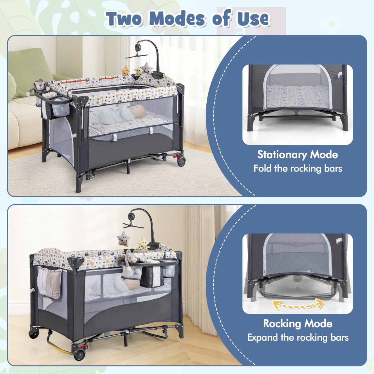 LIVSK 5-in-1 Babywieg - Schommelwieg, Verschoontafel, Vrijstaand Bed, Babyloopstal - Voor Baby's tot 9 maanden - Grijs