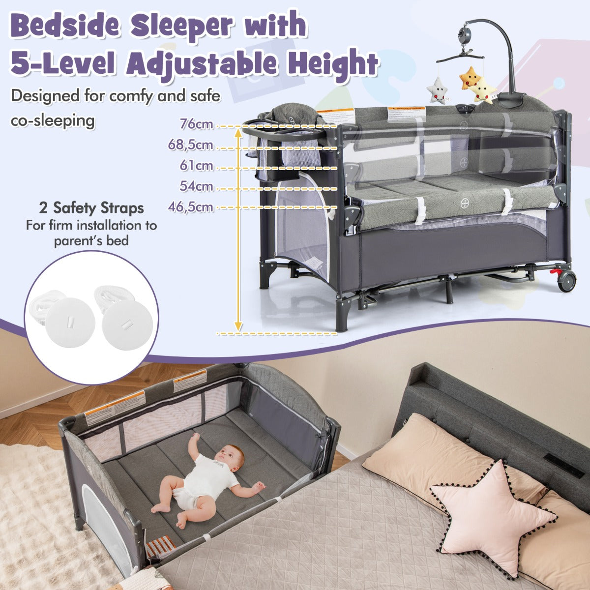 LIVSK 5-in-1 Multifunctionele Babywieg - Veiligheidsriem - Speelboog met Speeldoos - Eenvoudige Montage - Voor 0-9 maanden -