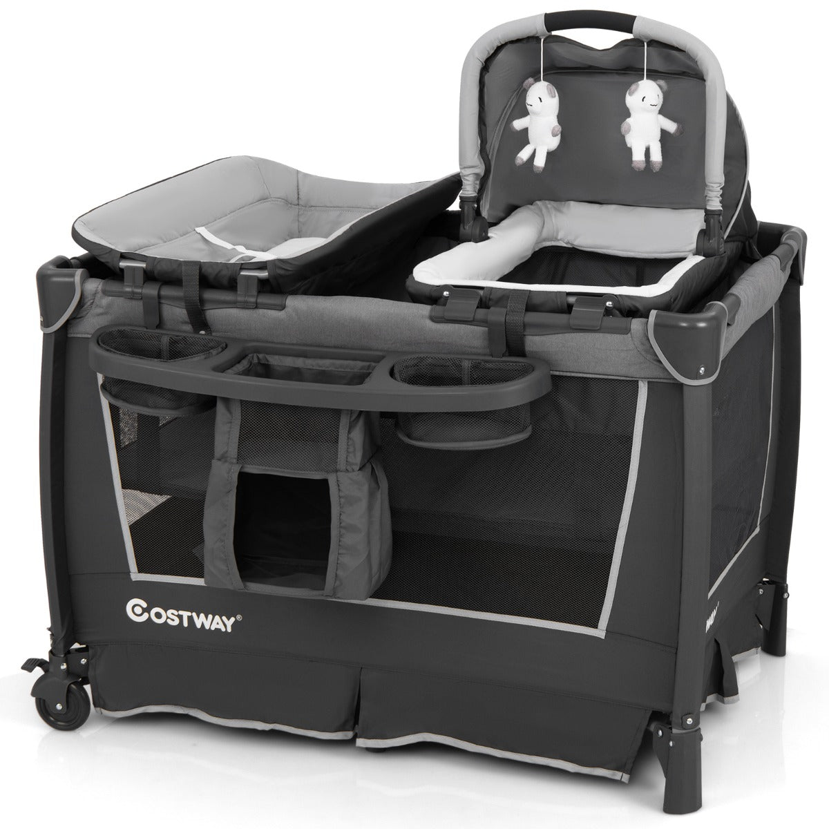 Livsk costway 5 in 1 babybedje opvouwbaar reisbedje met afneembare wieg ankleedkussen matras opbergrek grijs