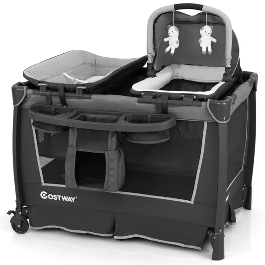 Livsk costway 5 in 1 babybedje opvouwbaar reisbedje met afneembare wieg ankleedkussen matras opbergrek grijs