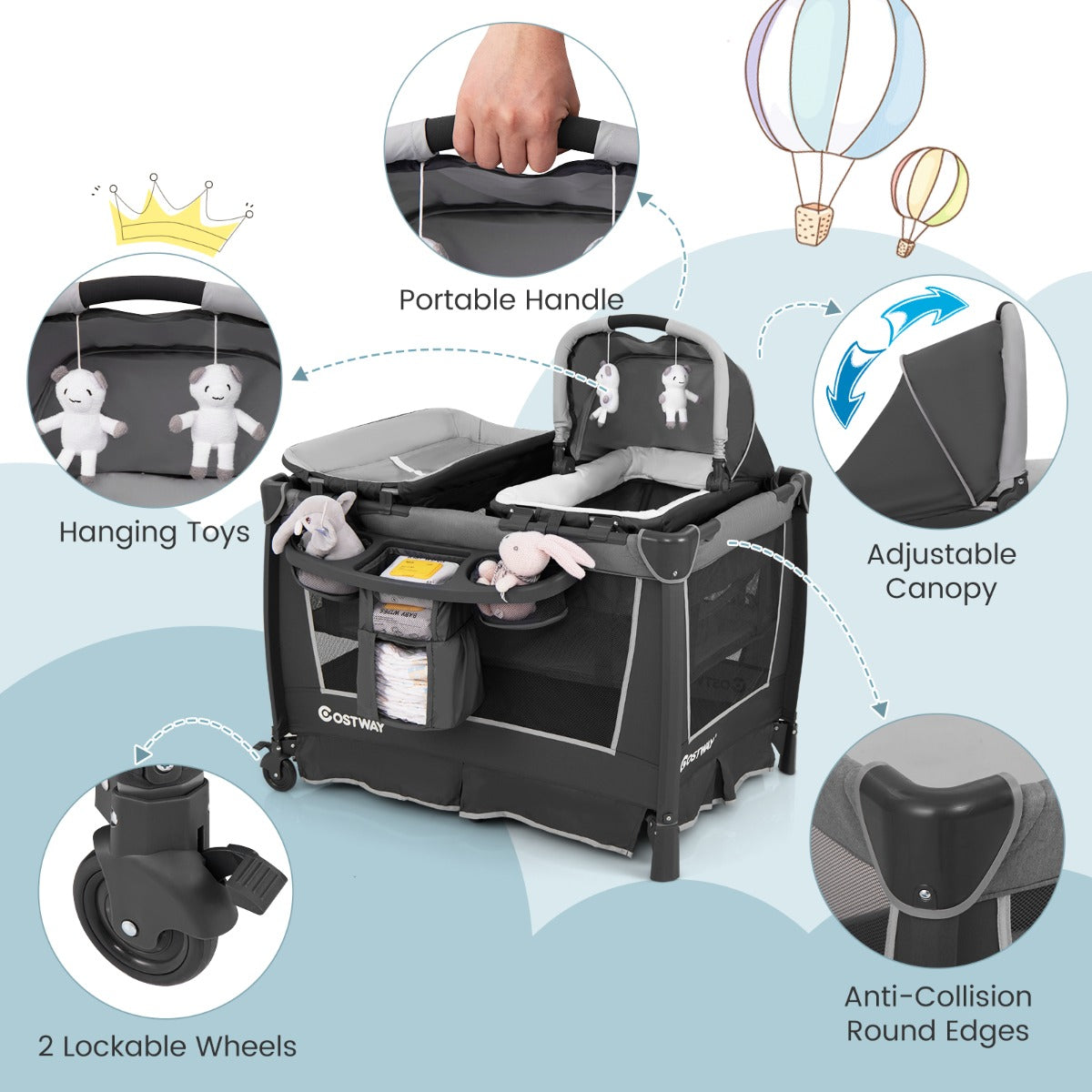 Livsk costway 5 in 1 babybedje opvouwbaar reisbedje met afneembare wieg ankleedkussen matras opbergrek grijs 3