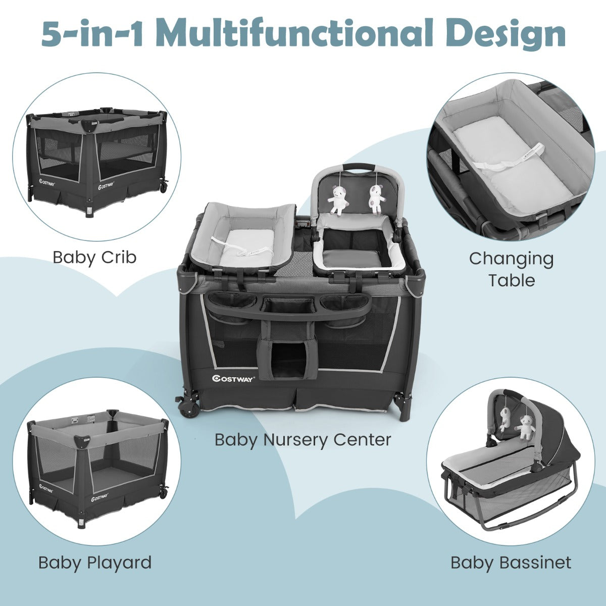 Livsk costway 5 in 1 babybedje opvouwbaar reisbedje met afneembare wieg ankleedkussen matras opbergrek grijs 4