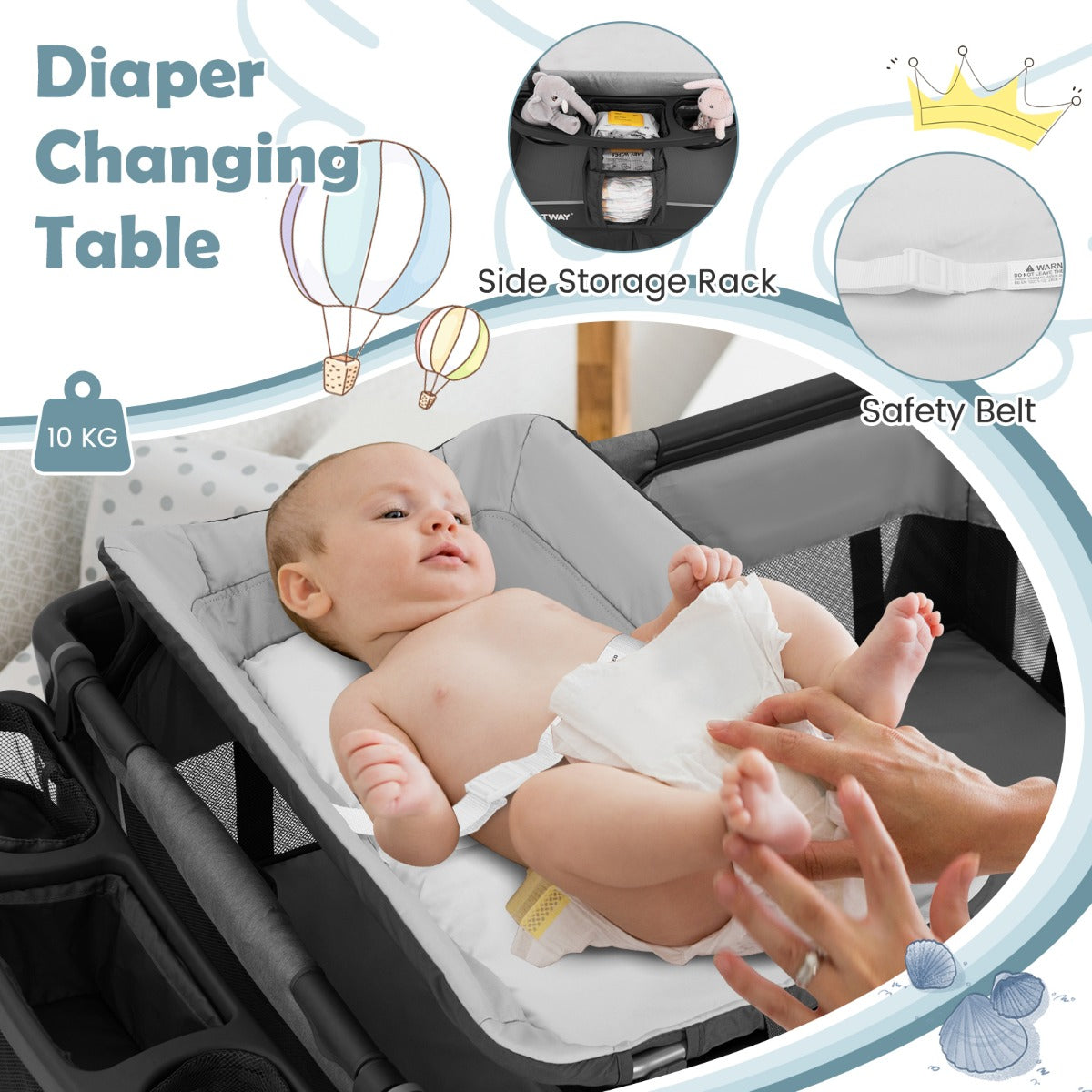 Livsk costway 5 in 1 babybedje opvouwbaar reisbedje met afneembare wieg ankleedkussen matras opbergrek grijs 6