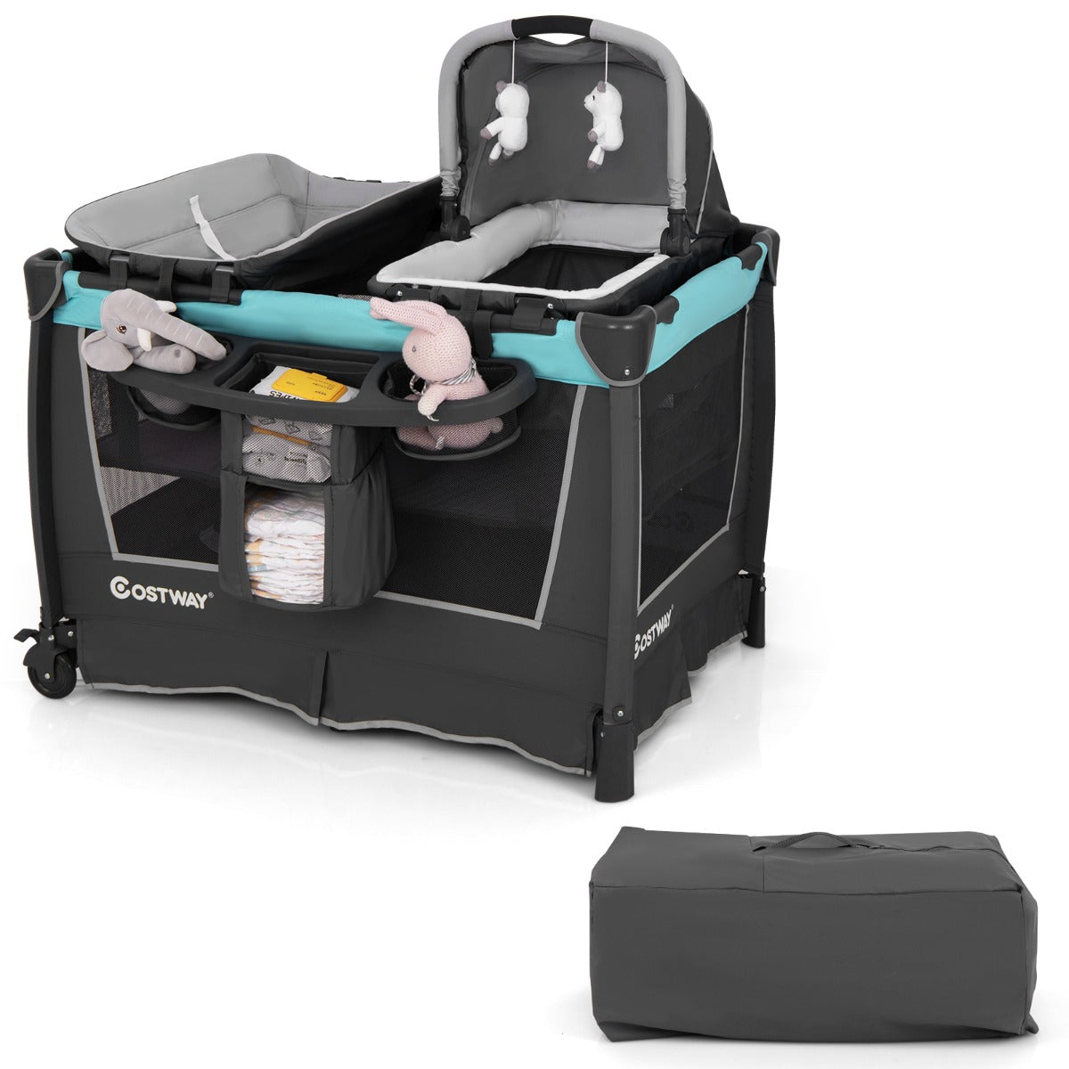Livsk costway 5 in 1 babybedje opvouwbaar reisbedje met afneembare wieg ankleedkussen matras opbergrek groen 1 1