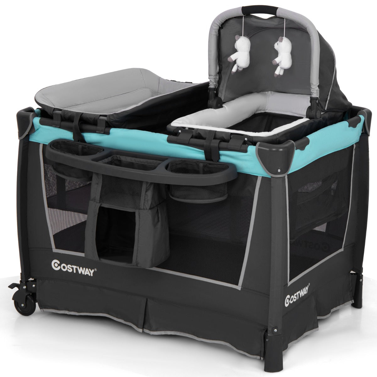 Livsk costway 5 in 1 babybedje opvouwbaar reisbedje met afneembare wieg ankleedkussen matras opbergrek groen