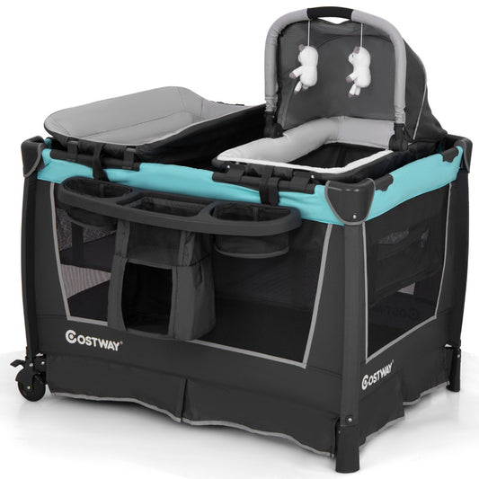 Livsk costway 5 in 1 babybedje opvouwbaar reisbedje met afneembare wieg ankleedkussen matras opbergrek groen