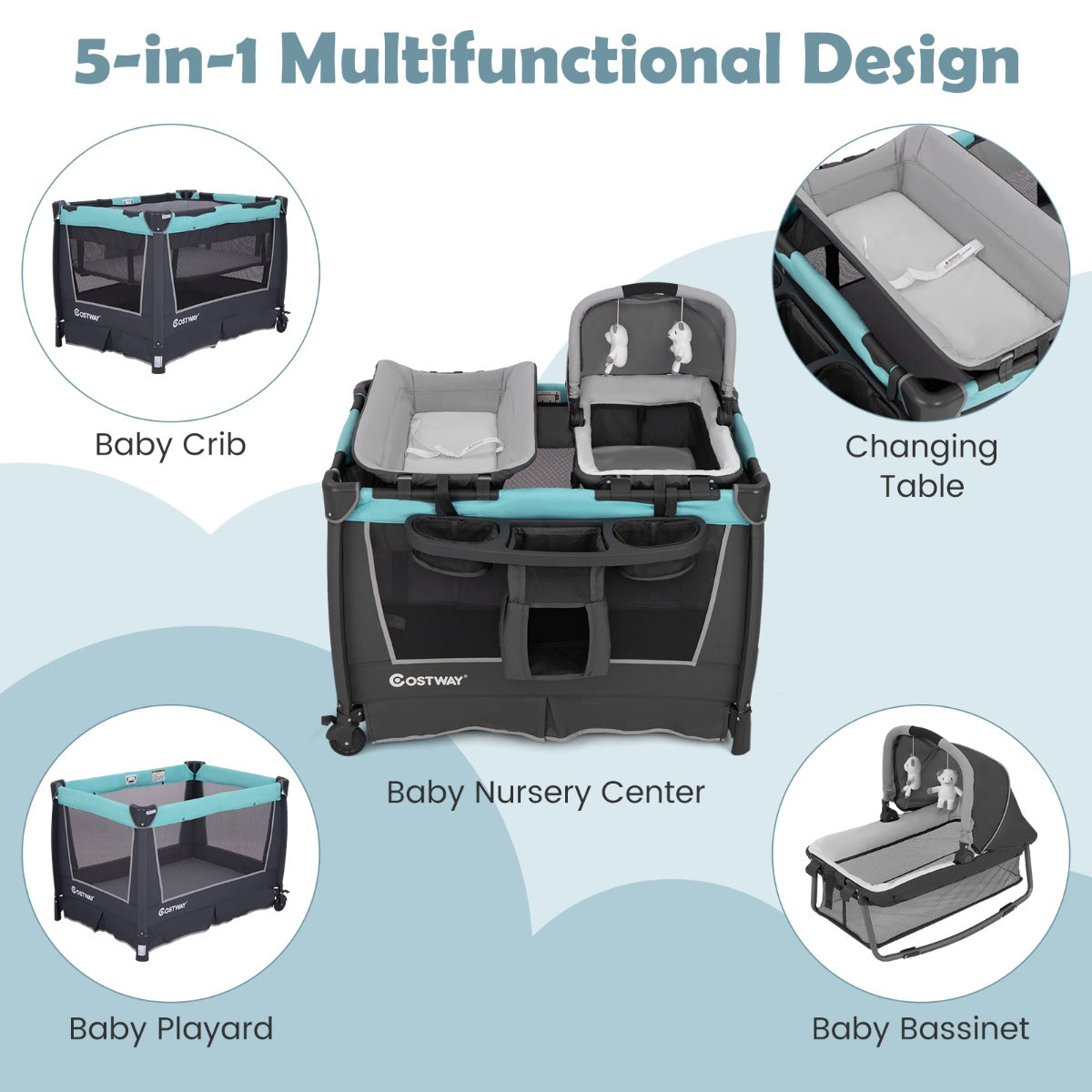 Livsk costway 5 in 1 babybedje opvouwbaar reisbedje met afneembare wieg ankleedkussen matras opbergrek groen 4