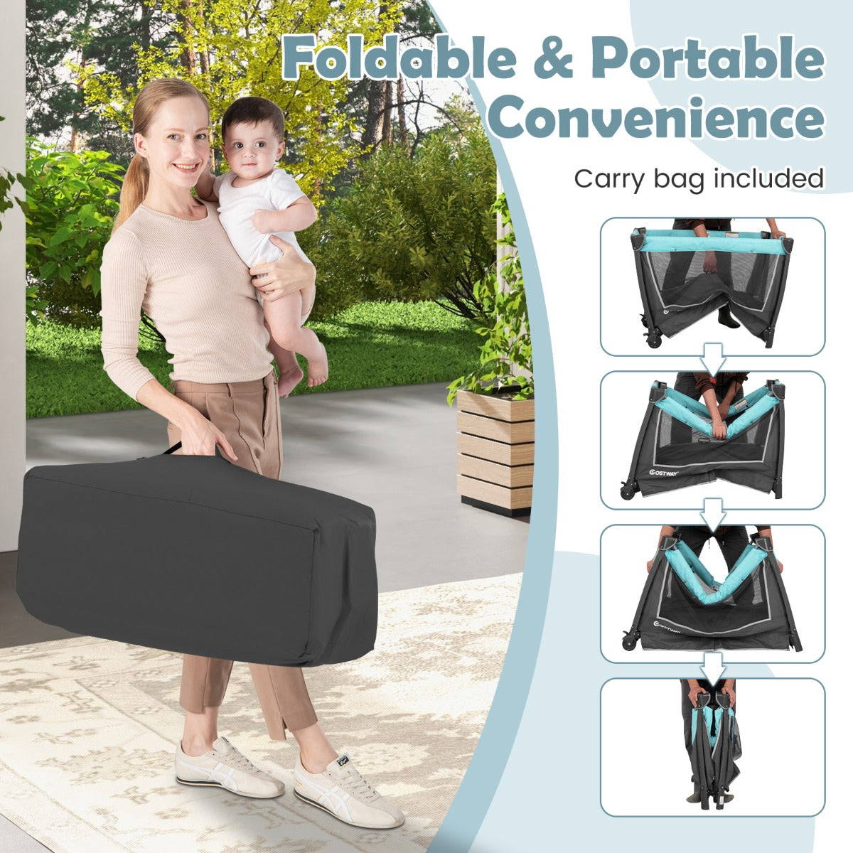 Livsk costway 5 in 1 babybedje opvouwbaar reisbedje met afneembare wieg ankleedkussen matras opbergrek groen 5
