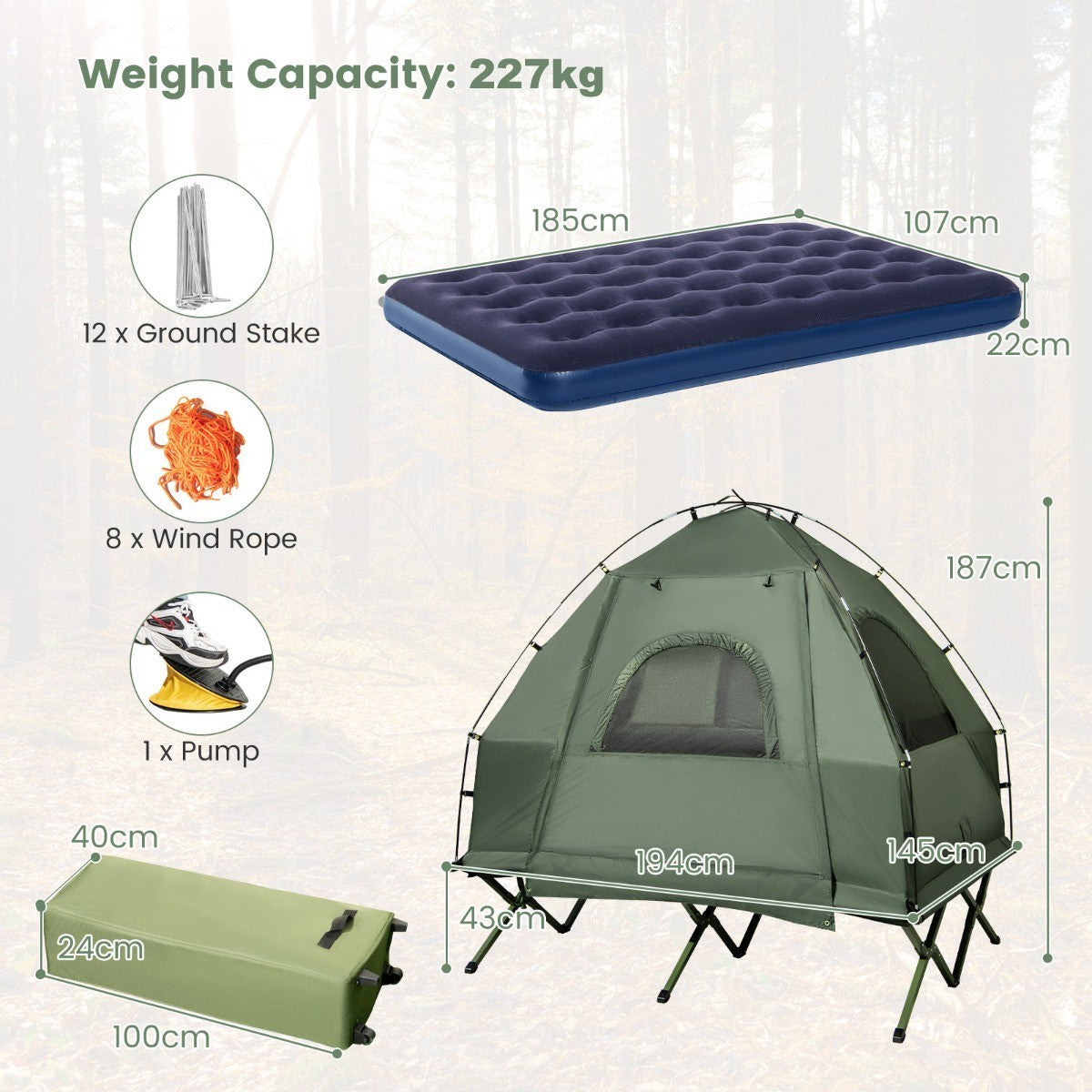 LIVSK Kampeerset 5-in-1 - 2-Persoonsbed, Tent, Luchtmatras, Slaapzakken - Waterdicht en Draagbaar - Groen