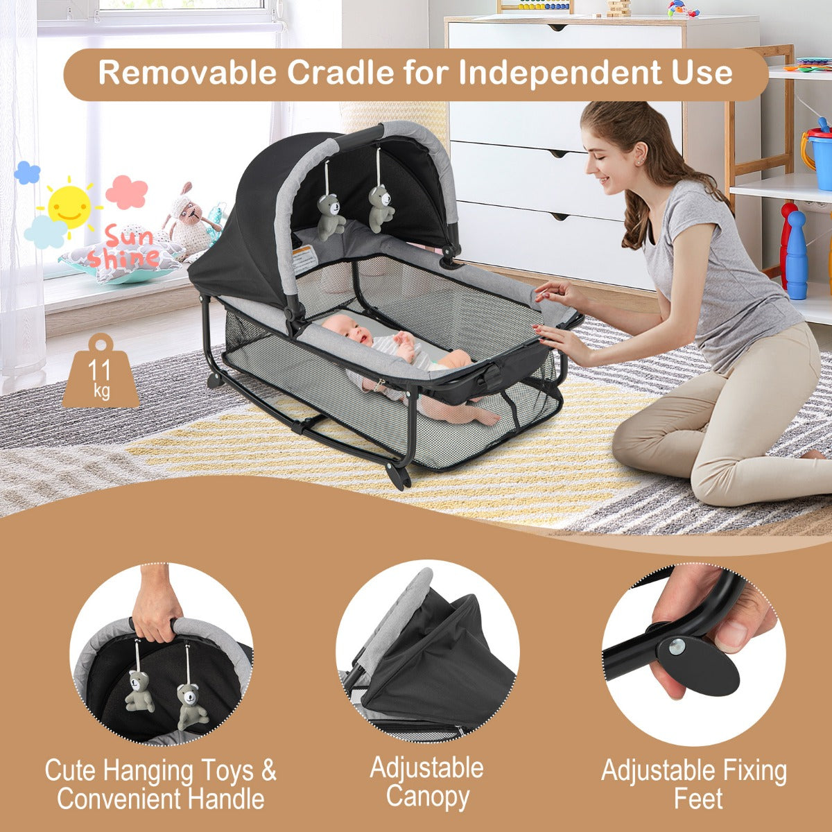 LIVSK 5-in-1 Baby Speelbox - Inclusief Wieg, Luiertafel & Activiteitencentrum - Veilig en Gemakkelijk te Verplaatsen - Zwart +