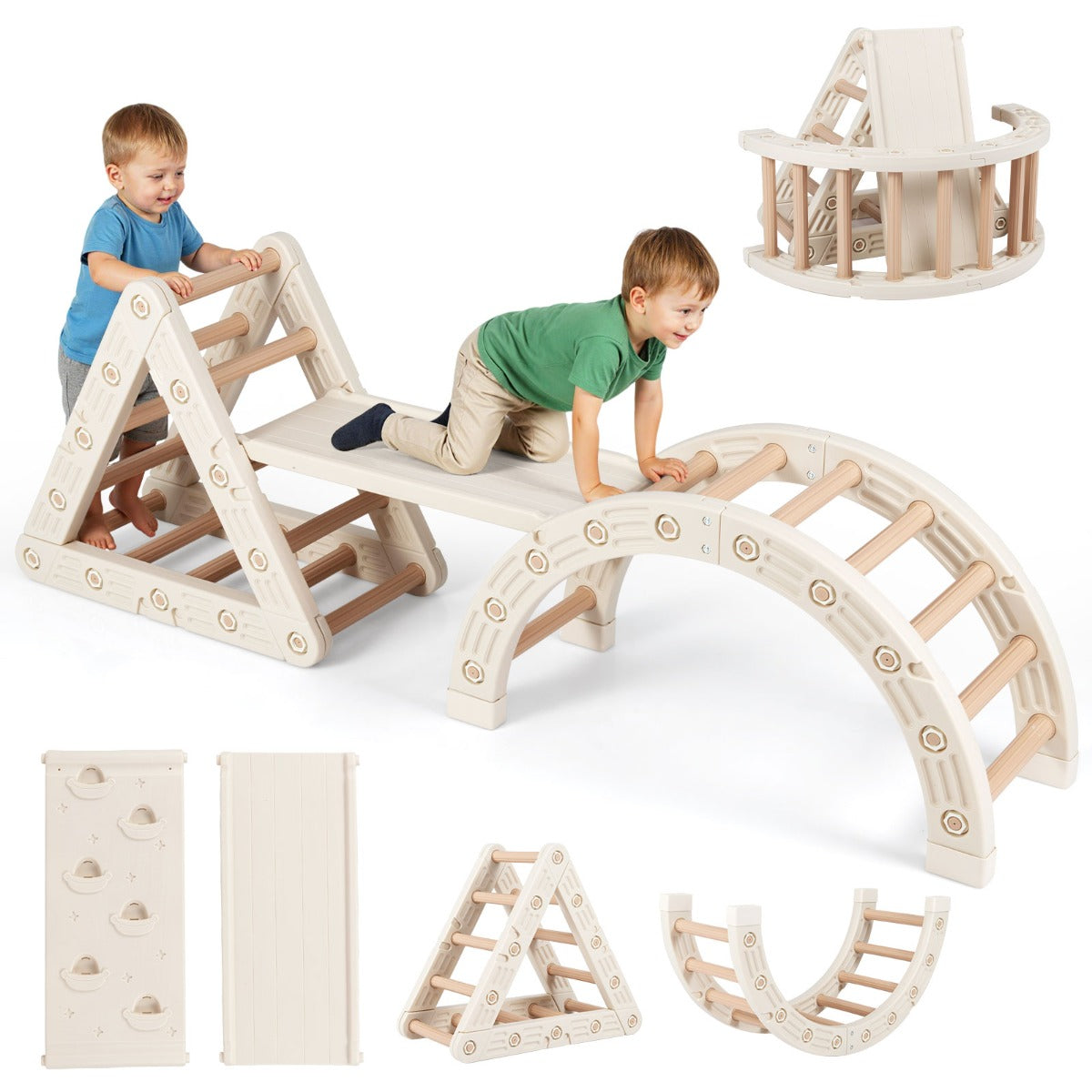 Livsk costway 5 in 1 montessori houten klimset klimspeelgoed met driehoekig klimframe